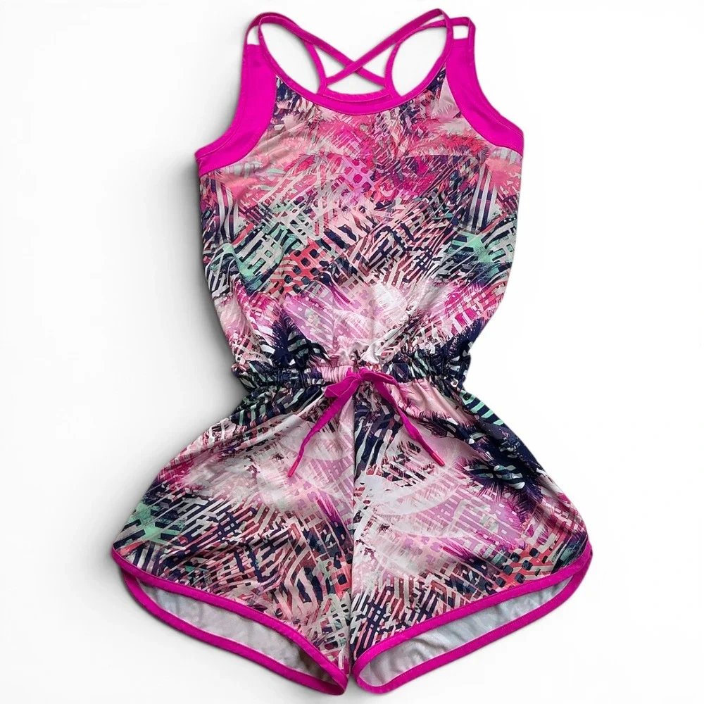 Athletic Works Pink Tropical Romper Kids Sz L 10-12 Crisscross Back AWG29S200BH